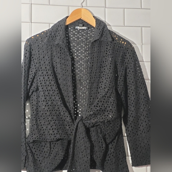 Mischa Ladies Black Eyelet Tie Front Cardigan Long Sleeve Collared Open Front Cl - Picture 2 of 6